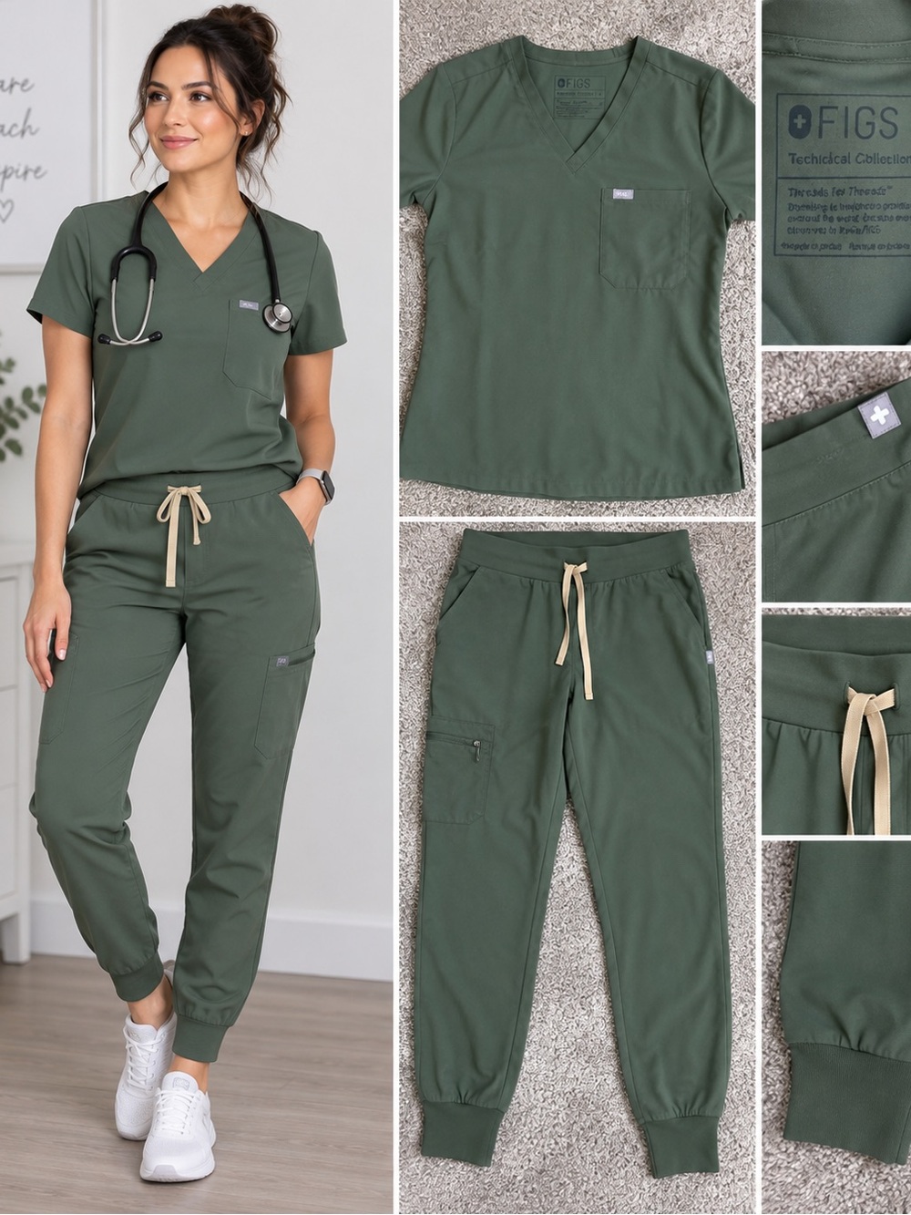 FIGS Olive Green Scrub Top and Jogger Set with Contrast Drawstring